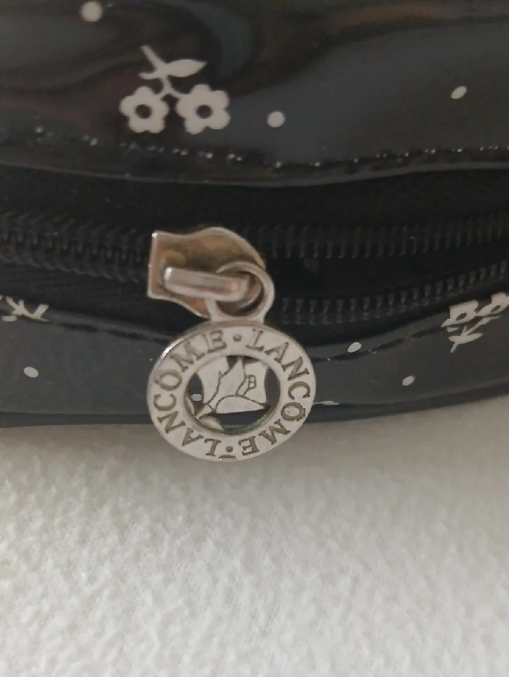 Vintage 80s Lancome Black Floral Patent Leather Dome Cosmetic Bag